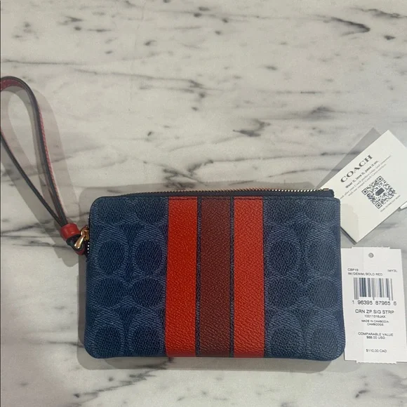 Coach Navy and Red Stripe Wristlet - Picture 2 of 4